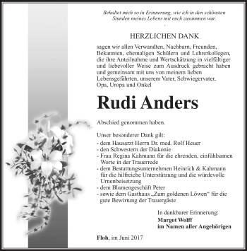 Traueranzeige von Rudi Anders von Südthüringer Presse