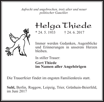 Traueranzeige von Helga Thiede von Südthüringer Presse