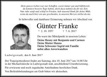 Traueranzeige von Günter Franke von Neue Presse Coburg