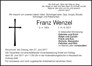 Traueranzeige von Franz Wenzel von Neue Presse Coburg