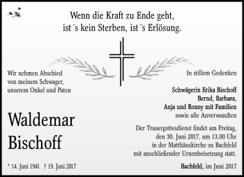 Traueranzeige von Waldemar Bischoff von Südthüringer Presse