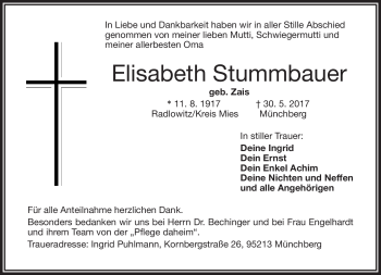 Traueranzeige von Elisabeth Stummbauer von Frankenpost
