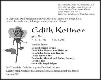 Traueranzeige von Edith Kettner von Südthüringer Presse