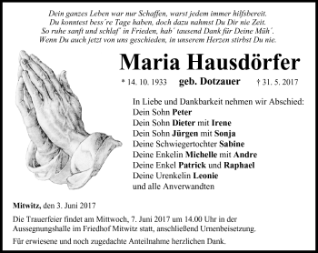 Traueranzeige von Maria Hausdörfer von Neue Presse Coburg