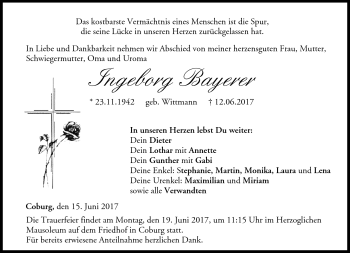 Traueranzeige von Ingeborg Bayerer von Neue Presse Coburg