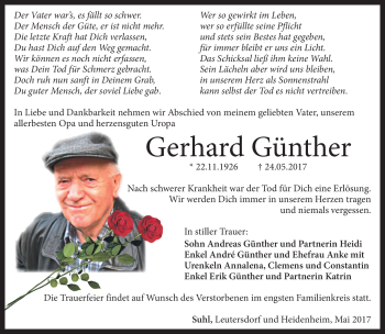 Traueranzeige von Gerhard Günther von Südthüringer Presse