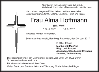 Traueranzeige von Alma Hoffmann von Frankenpost