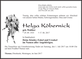 Traueranzeige von Helga Köbernick von Südthüringer Presse