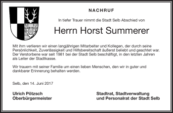 Traueranzeige von Horst Summerer von Frankenpost