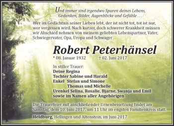 Traueranzeige von Robert Peterhänsel von Südthüringer Presse