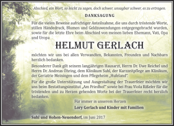 Traueranzeige von Helmut Gerlach von Südthüringer Presse