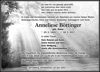 Traueranzeige von Anneliese Böttinger von Südthüringer Presse