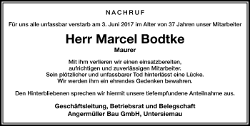 Traueranzeige von Marcel Bodtke von 23052