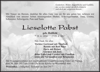 Traueranzeige von Lieselotte Pabst von Südthüringer Presse