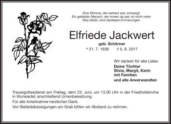 Traueranzeige von Elfriede Jackwert von Frankenpost