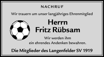 Traueranzeige von Fritz Rübsam von Südthüringer Presse