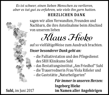 Traueranzeige von Klaus Hieke von Südthüringer Presse