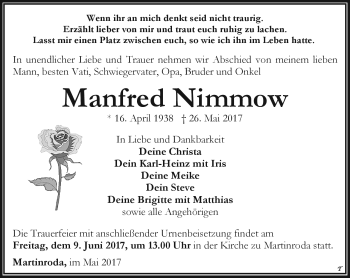 Traueranzeige von Manfred Nimmow von Südthüringer Presse