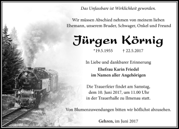 Traueranzeige von Jürgen Köring von Südthüringer Presse