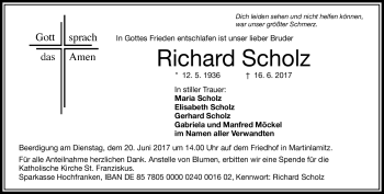 Traueranzeige von Richard Scholz von Frankenpost