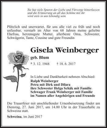 Traueranzeige von Gisela Weinberger von Südthüringer Presse