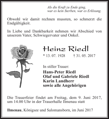 Traueranzeige von Heinz Riedl von Südthüringer Presse
