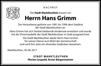 Traueranzeige von Hans Grimm von Frankenpost