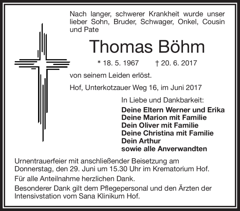 Traueranzeigen von Thomas Böhm | franken-gedenkt.de