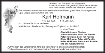 Traueranzeige von Karl Hofmann von Frankenpost