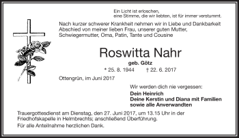 Traueranzeige von Roswitta Nahr von Frankenpost