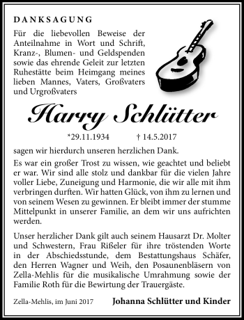 Traueranzeige von Harry Schlütter von Südthüringer Presse