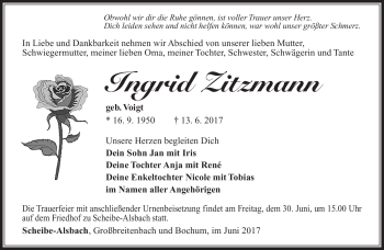 Traueranzeige von Ingrid Zitzmann von Südthüringer Presse