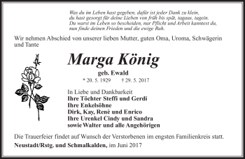 Traueranzeige von Marga König von Südthüringer Presse