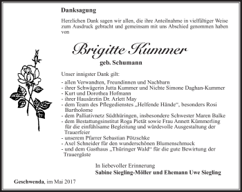Traueranzeige von Brigitte Kummer von Südthüringer Presse