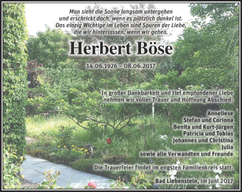 Traueranzeige von Herbert Böse von Südthüringer Presse