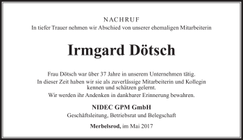 Traueranzeige von Irmgard Dötsch von Südthüringer Presse