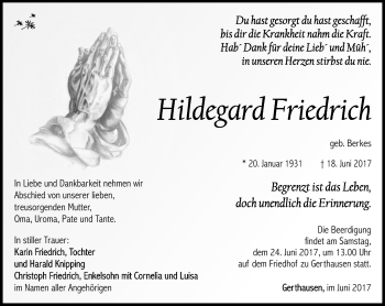 Traueranzeige von Hildegard Friedrich von Südthüringer Presse