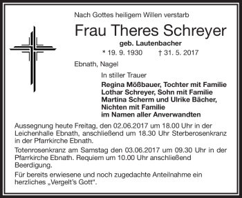 Traueranzeige von Theres Schreyer von Frankenpost