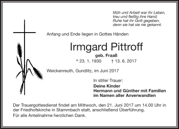 Traueranzeige von Irmgard Pittroff von Frankenpost