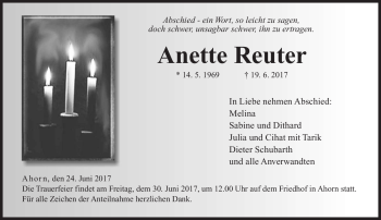 Traueranzeige von Anette Reuter von Neue Presse Coburg