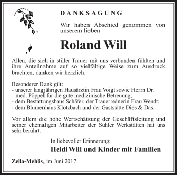 Traueranzeige von Roland Will von Südthüringer Presse