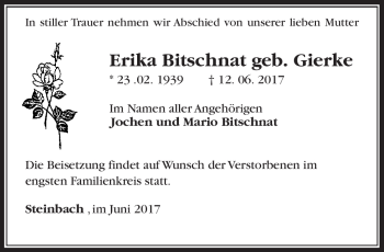 Traueranzeige von Erika Bitschnat von Südthüringer Presse