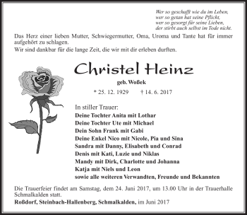 Traueranzeige von Christel Heinz von Südthüringer Presse