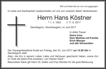 Traueranzeige von Hans Köstner von Frankenpost