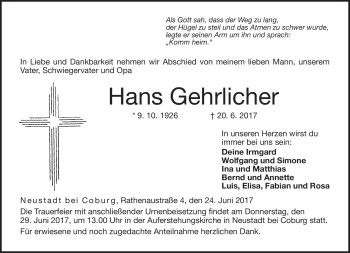 Traueranzeige von Hans Gehrlicher von Neue Presse Coburg