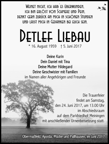 Traueranzeige von Detlef Liebau von Südthüringer Presse