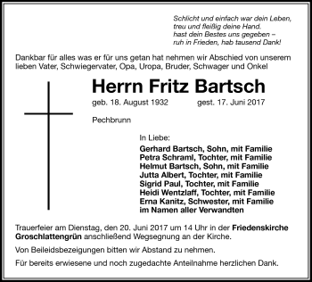 Traueranzeige von Fritz Bartsch von Frankenpost