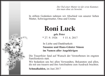 Traueranzeige von Roni Luck von Südthüringer Presse