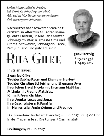 Traueranzeige von Rita Gilke von Südthüringer Presse