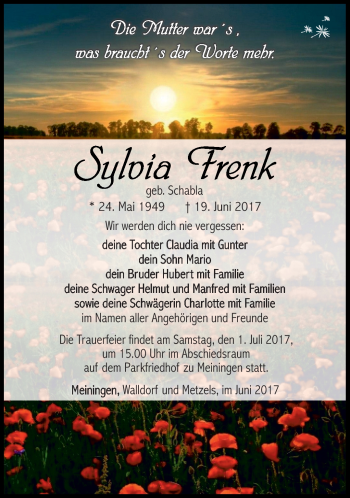 Traueranzeige von Sylvia Frenk von Südthüringer Presse